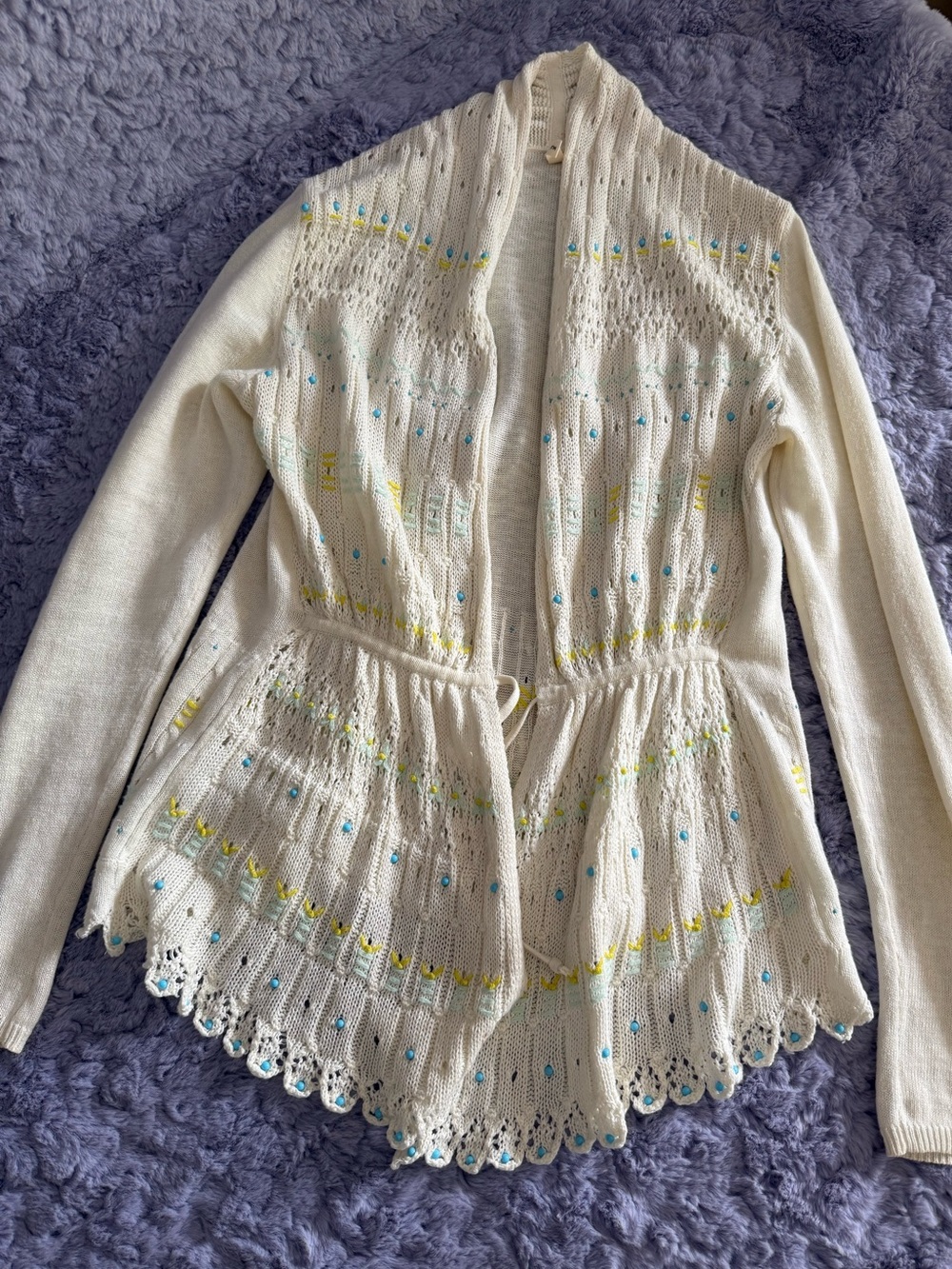 Anthropologie | Moth Lazuli Beaded White Tie Front Linen Blend Cardigan | SP